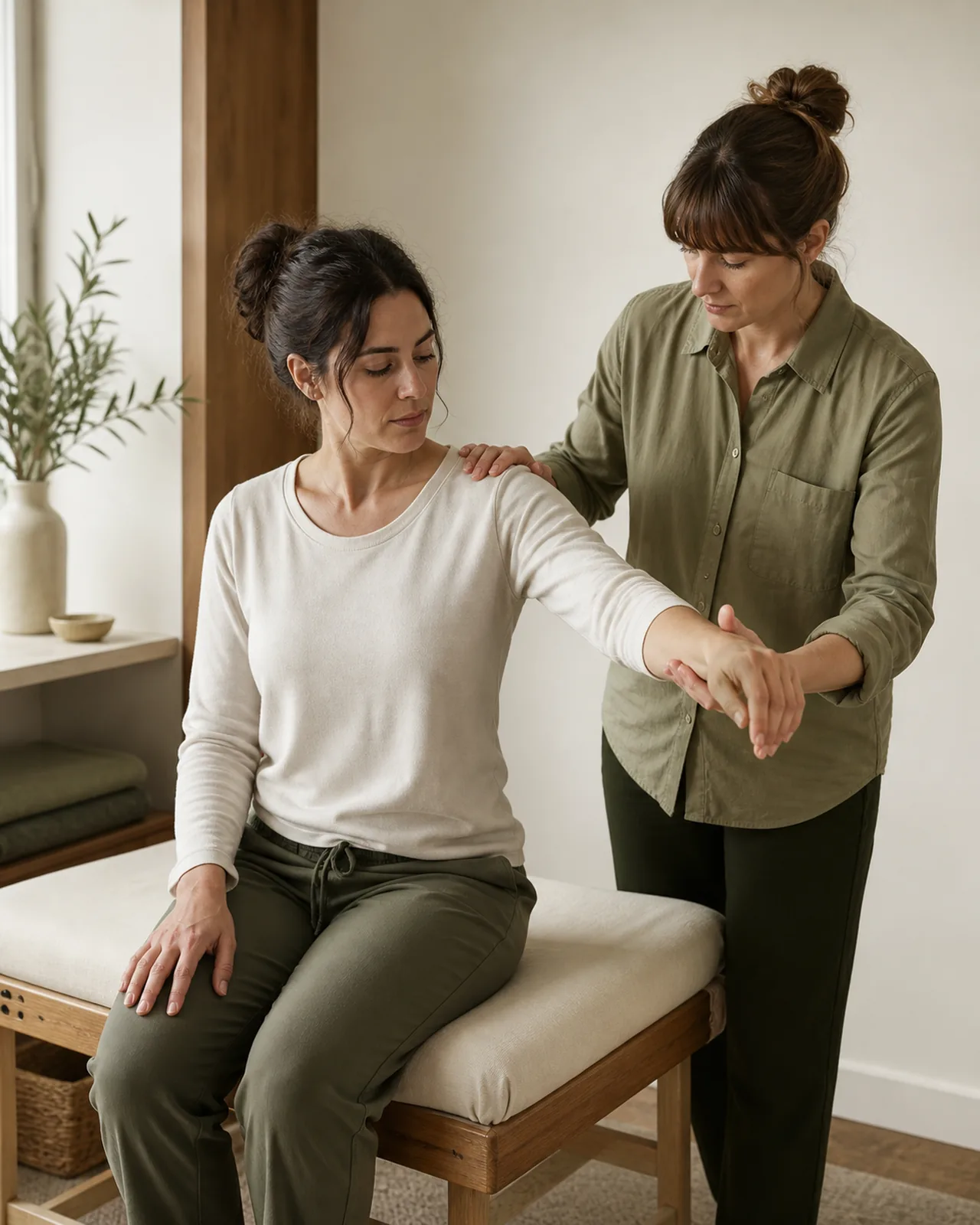 Therapeutin prüft die Beweglichkeit einer Patientin