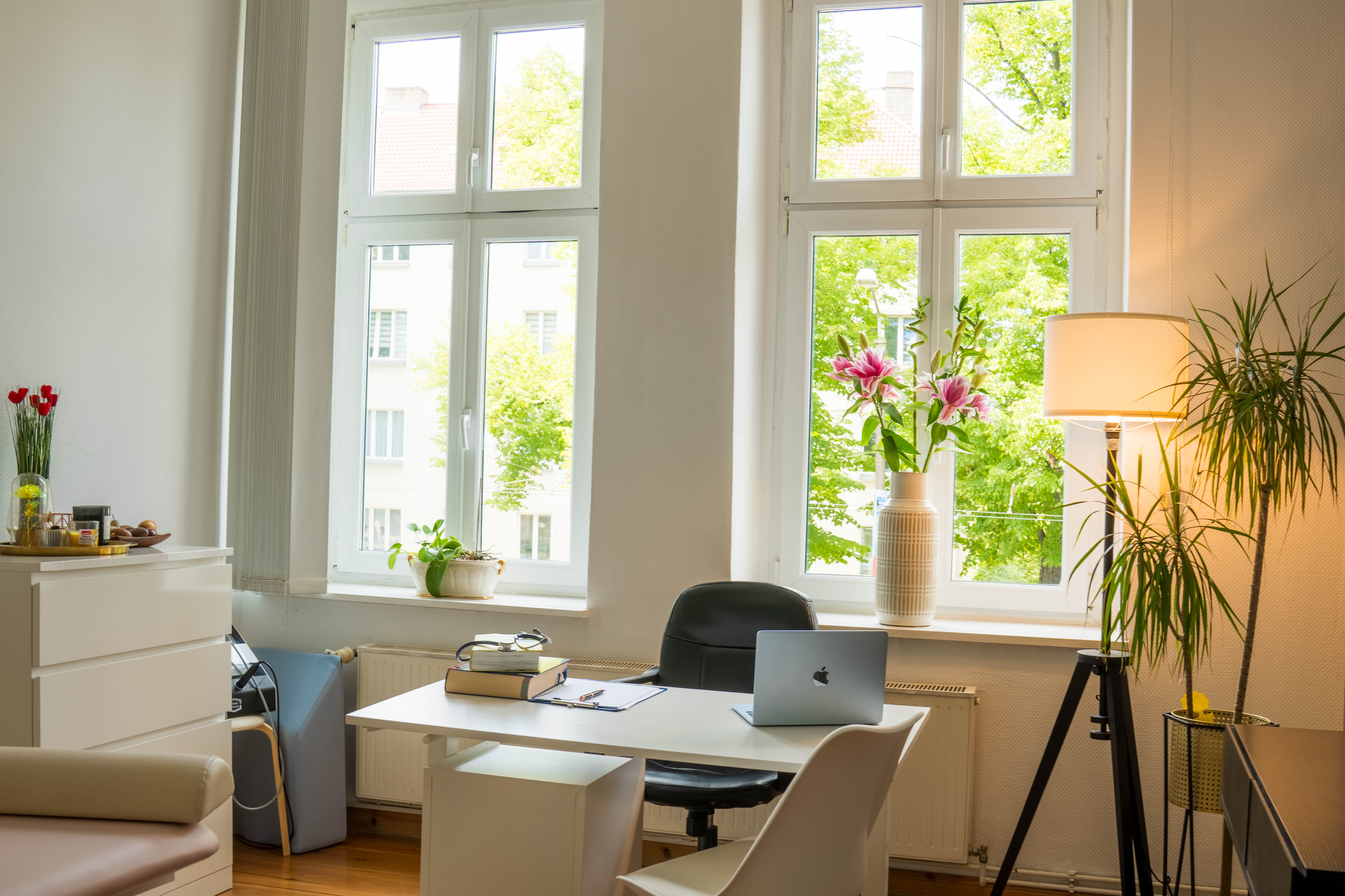 Praxisraum mit Schreibtisch und Fenstern